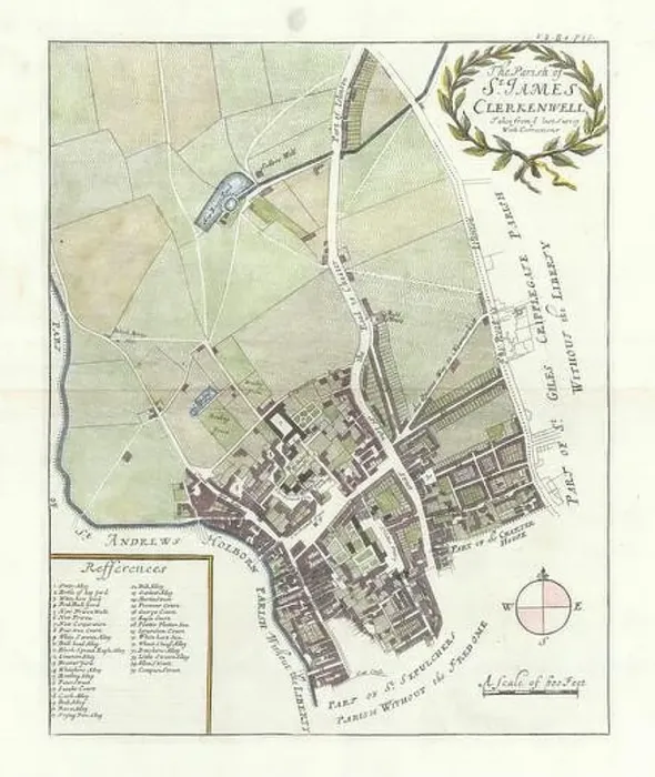 Framed Print : The parish of St James, Clerkenwell. St John Street. Green. STOW / STRYPE 1720 map Framed Print : The parish of St James, Clerkenwell. St John Street. Green. STOW / STRYPE 1720 map