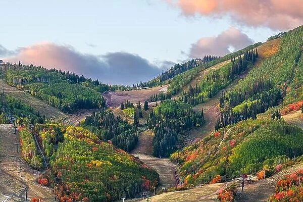 Park City, Utah, USA snowless ski slopes in autumn during the morning time
