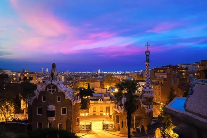 Framed Print : Park Guell in Barcelona, Spain at night. Barcelona skyline Framed Print : Park Guell in Barcelona, Spain at night. Barcelona skyline