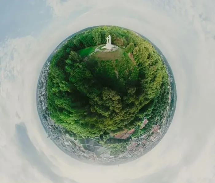 Framed Print : Park on the hill in Vilnius city, the historic center of Lithuania, European city. 360 VR panorama