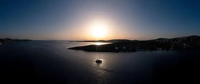 Framed Print : Paros island, Greece, Panorama aerial drone view at sunset Framed Print : Paros island, Greece, Panorama aerial drone view at sunset