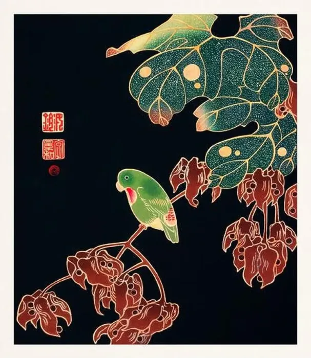 Framed Print : the parroquet. Colorful bird illustration on black background by Itō Jakuchū (1716-1800) Framed Print : the parroquet. Colorful bird illustration on black background by Itō Jakuchū (1716-1800)