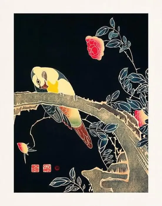 Framed Print : Parrot on a branch and Camellias. Colorful bird illustration on black background by Itō Jakuchū (1716-1800)