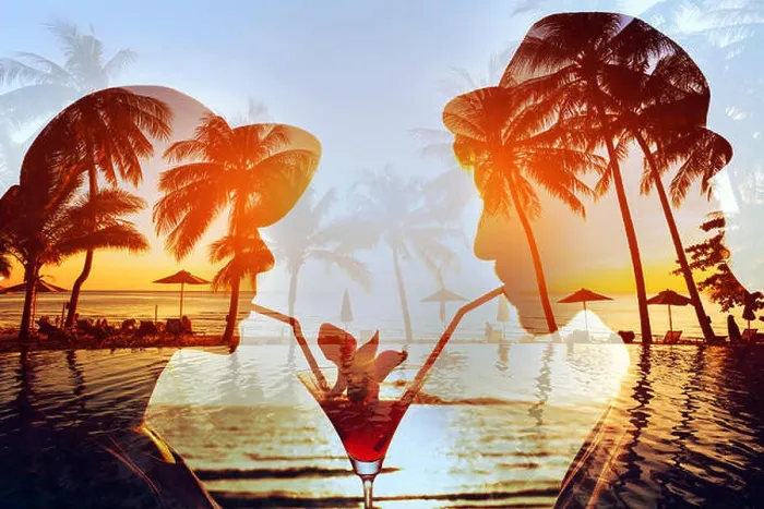Framed Print : party time double exposure, silhouette of happy couple drinking cocktail together on the beach Framed Print : party time double exposure, silhouette of happy couple drinking cocktail together on the beach