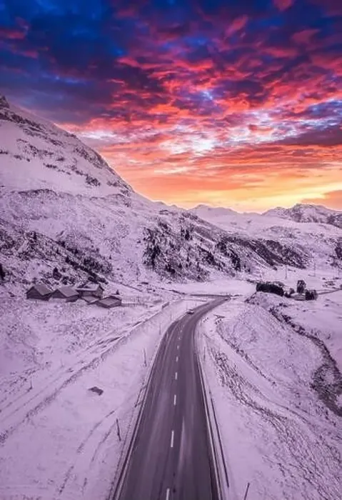 Framed Print : A pass road in winter with purple sky Framed Print : A pass road in winter with purple sky