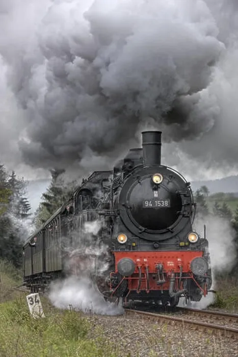 Framed Print : Passenger train, steam locomotive, smoke, landscape Framed Print : Passenger train, steam locomotive, smoke, landscape