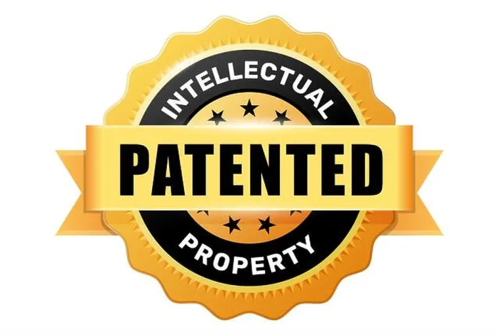 Framed Print : Patented, gold medal or badge, intellectual property and rights holder emblem or seal, vector