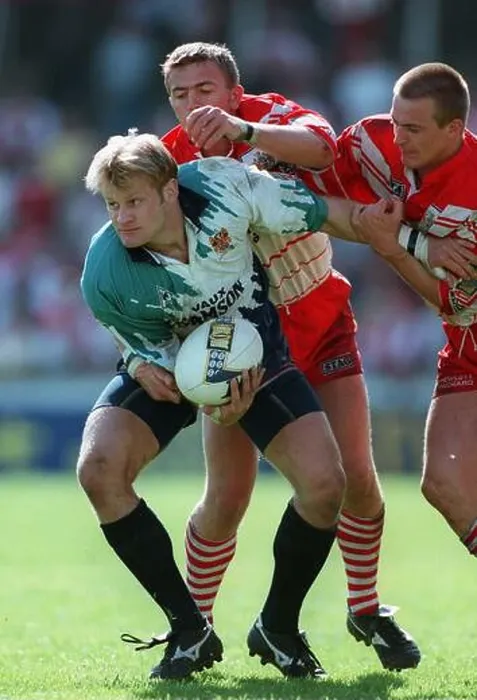 Framed Print : PAUL ATHCHESON HAMMOND NEWLOVE ST. HELENS V OLDHAM BEARS 08 May 1996