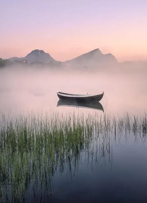 Framed Print : Very peaceful summer night with wooden boat and fog in Lofoten, Norway Framed Print : Very peaceful summer night with wooden boat and fog in Lofoten, Norway