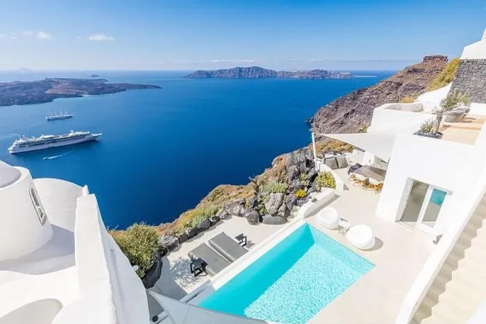 Framed Print : Peaceful view in Santorini, Greece with white architecture cruise ships, Mediterranean summer mood, vacation and travel background. Luxury destination Framed Print : Peaceful view in Santorini, Greece with white architecture cruise ships, Mediterranean summer mood, vacation and travel background. Luxury destination