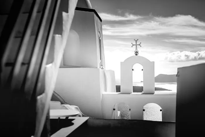 Framed Print : Peaceful view in Santorini, Greece with white architecture and flowers, cruise ships, Mediterranean summer mood, vacation and travel background Framed Print : Peaceful view in Santorini, Greece with white architecture and flowers, cruise ships, Mediterranean summer mood, vacation and travel background