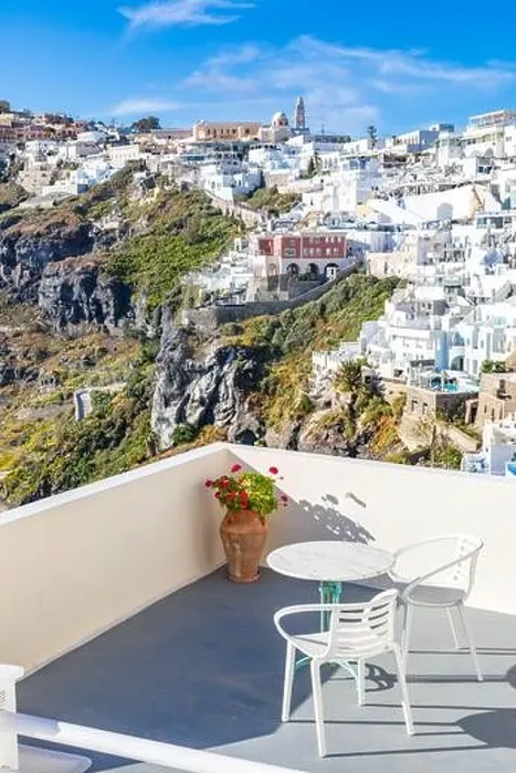 Framed Print : Peaceful view in Santorini, Greece with white architecture and flowers, cruise ships, Mediterranean summer mood, vacation and travel background