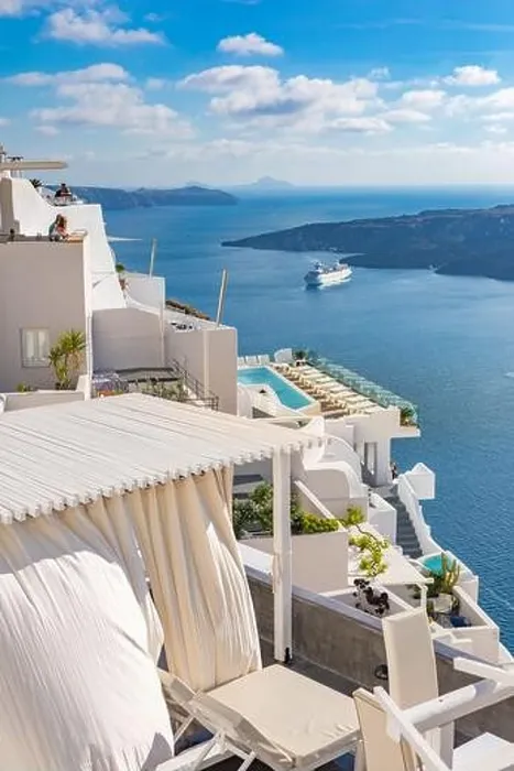 Framed Print : Peaceful view in Santorini, Greece with white architecture and flowers, cruise ships, Mediterranean summer mood, vacation and travel background Framed Print : Peaceful view in Santorini, Greece with white architecture and flowers, cruise ships, Mediterranean summer mood, vacation and travel background