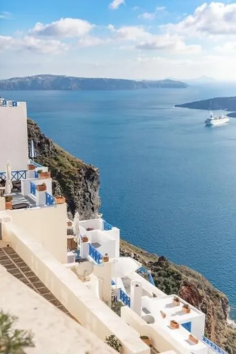 Framed Print : Peaceful view in Santorini, Greece with white architecture and flowers, cruise ships, Mediterranean summer mood, vacation and travel background