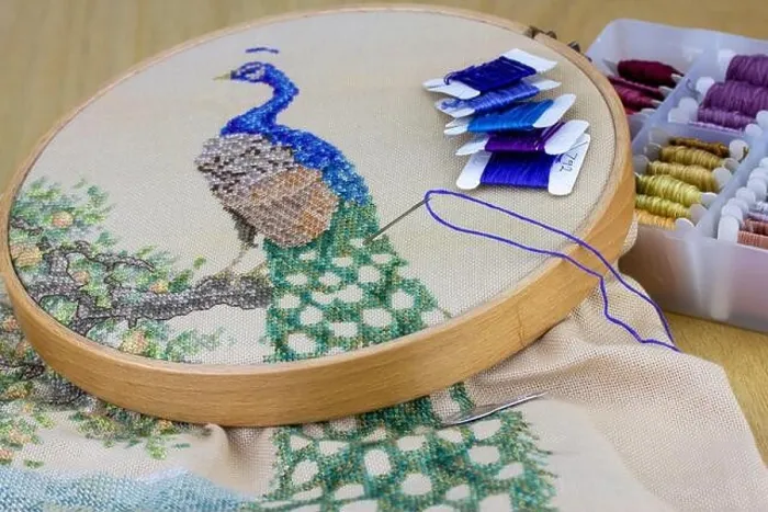 Framed Print : Peacock embroidery held in embroidery frame hoop with embroidery silks in box and needle, traditional hand embroidery needlework and craft at home Framed Print : Peacock embroidery held in embroidery frame hoop with embroidery silks in box and needle, traditional hand embroidery needlework and craft at home