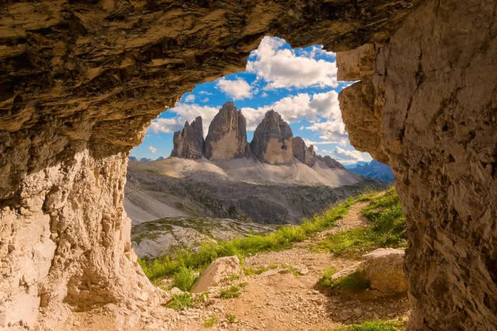 Framed Print : Three peaks of Lavaredo views from a cave, Bolzano Province, Trentino Alto Adige, Italy Framed Print : Three peaks of Lavaredo views from a cave, Bolzano Province, Trentino Alto Adige, Italy