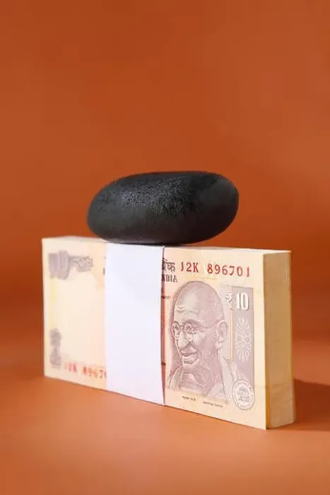 Framed Print : Pebble on bundle of ten rupee notes Framed Print : Pebble on bundle of ten rupee notes