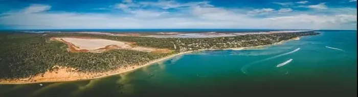 Framed Print : Pelican Bay in Gippsland, Australia - wide aerial panoramic landscape Framed Print : Pelican Bay in Gippsland, Australia - wide aerial panoramic landscape
