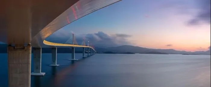 Framed Print : Peljesac Bridge, Croatia. Panoramic image of beautiful modern multi-span cable-stayed Peljesac Bridge over the sea in Dubrovnik-Neretva, Croatia