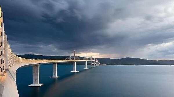 Peljesac Bridge, Croatia. Panoramic image of beautiful modern multi-span cable-stayed Peljesac Bridge over the sea in Dubrovnik-Neretva County, Croati