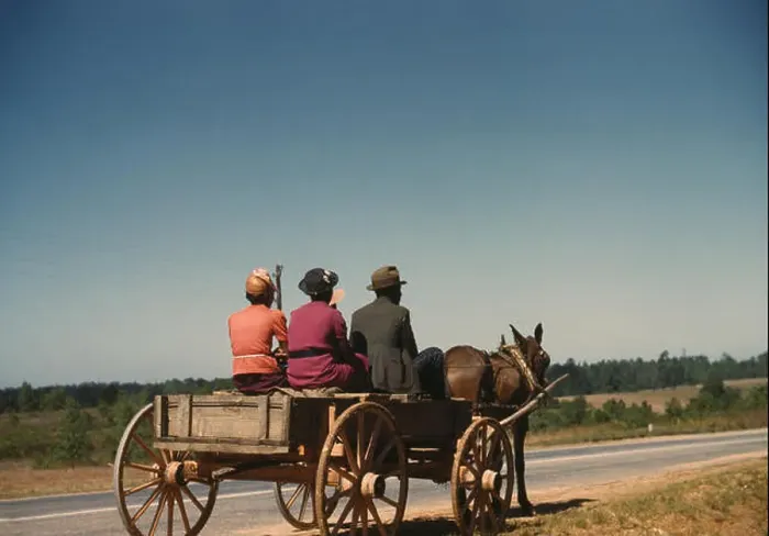 Framed Print : Three People Going to Town in Horse-Drawn Wagon on Saturday Afternoon Framed Print : Three People Going to Town in Horse-Drawn Wagon on Saturday Afternoon