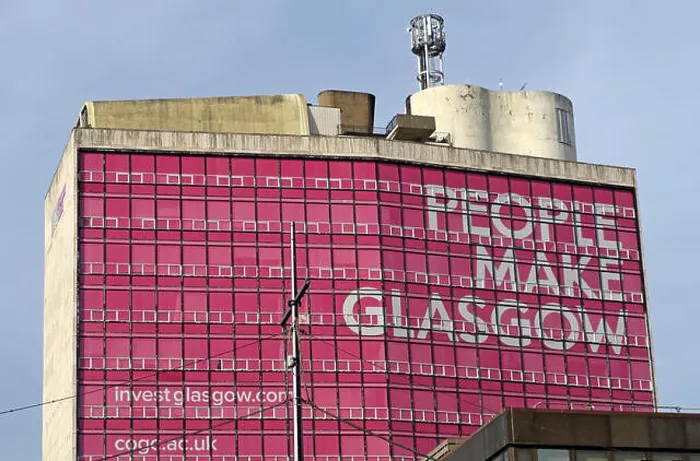 Framed Print : People Make Glasgow in pink, Glasgow City Brand, Strathclyde University, Met Tower, city centre, Scotland, UK Framed Print : People Make Glasgow in pink, Glasgow City Brand, Strathclyde University, Met Tower, city centre, Scotland, UK