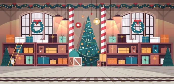 Framed Print : no people santa claus factory with gifts and decorated christmas tree new year winter holidays celebration concept Framed Print : no people santa claus factory with gifts and decorated christmas tree new year winter holidays celebration concept