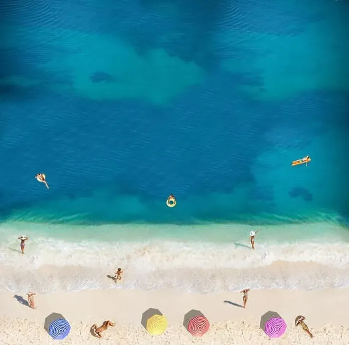 Framed Print : People swim, sunbath on the beach view from above on the sea waves, kids running to water Framed Print : People swim, sunbath on the beach view from above on the sea waves, kids running to water