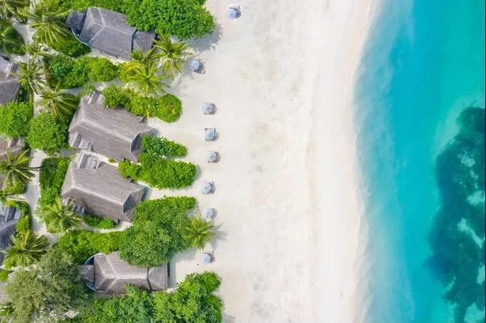 Framed Print : Perfect aerial landscape, luxury tropical resort or hotel with water villas and beautiful beach scenery. Amazing bird eyes view in Maldives, landscape