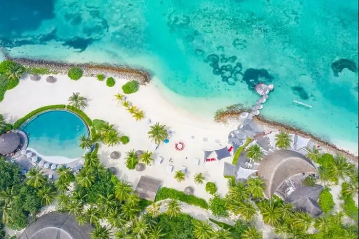 Framed Print : Perfect aerial landscape, luxury tropical resort or hotel with water villas and beautiful beach scenery. Amazing bird eyes view in Maldives, landscape Framed Print : Perfect aerial landscape, luxury tropical resort or hotel with water villas and beautiful beach scenery. Amazing bird eyes view in Maldives, landscape