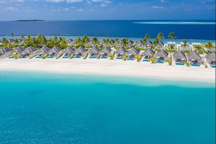 Framed Print : Perfect aerial landscape, luxury tropical resort or hotel with water villas and beautiful beach scenery. Amazing bird eyes view in Maldives, landscape