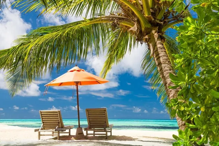 Framed Print : Perfect beach banner, two sun chairs and umbrella in tropical landscape. Tranquil exotic nature scenery. Luxury resort for summer vacation and holiday Framed Print : Perfect beach banner, two sun chairs and umbrella in tropical landscape. Tranquil exotic nature scenery. Luxury resort for summer vacation and holiday