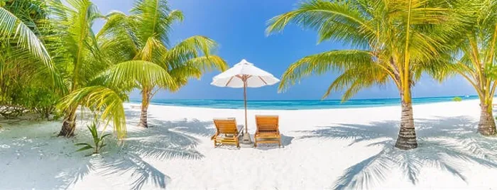 Framed Print : Perfect beach panorama, palms two sun beds and umbrella near the sea, idyllic beach scene. Tropical vacation and beach resort holiday banner concept Framed Print : Perfect beach panorama, palms two sun beds and umbrella near the sea, idyllic beach scene. Tropical vacation and beach resort holiday banner concept