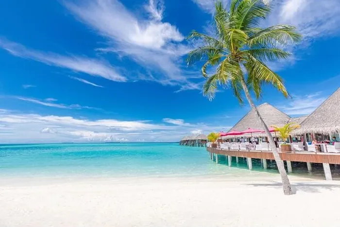 Framed Print : Perfect Maldives beach landscape palm and luxury villa and over water bungalows, seascape. Tropical vacation destination, amazing travel background Framed Print : Perfect Maldives beach landscape palm and luxury villa and over water bungalows, seascape. Tropical vacation destination, amazing travel background