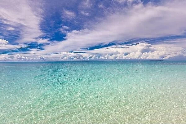 Perfect sky and water of Indian ocean. Exotic idyllic relaxing seascape. Beach azure turquoise blue sea, shallow ocean lagoon calm water, relax surf c