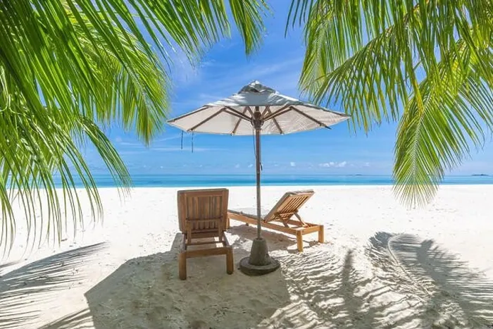 Framed Print : Perfect sunny beach. Idyllic tropical beach landscape for background. Couple honeymoon, romantic destination, freedom lounge chairs umbrella palm sand Framed Print : Perfect sunny beach. Idyllic tropical beach landscape for background. Couple honeymoon, romantic destination, freedom lounge chairs umbrella palm sand