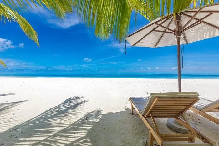 Framed Print : Perfect sunny beach. Idyllic tropical beach landscape for background. Couple honeymoon, romantic destination, freedom lounge chairs umbrella palm sand