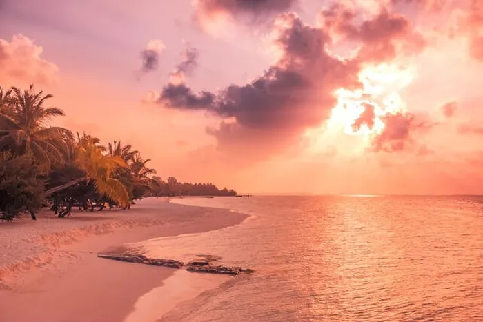 Framed Print : Perfect tropical beach sunset. Beach banner in sunset time. Calm and tranquil exotic nature landscape. Inspirational beach scene Framed Print : Perfect tropical beach sunset. Beach banner in sunset time. Calm and tranquil exotic nature landscape. Inspirational beach scene