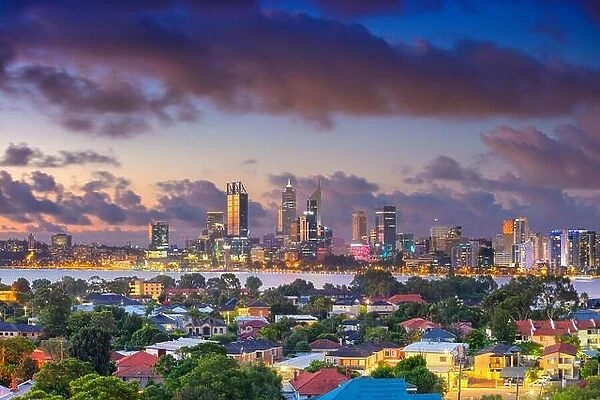Perth. Aerial cityscape image of Perth skyline, Australia during dramatic sunset