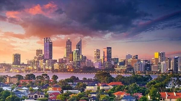 Perth. Panoramic aerial cityscape image of Perth skyline, Australia during dramatic sunset