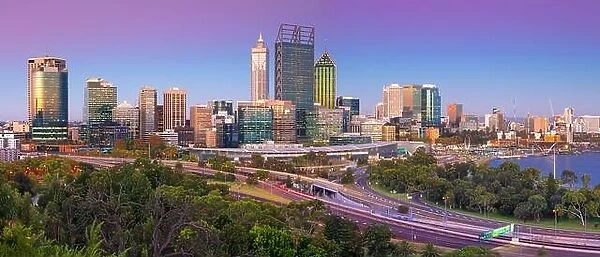Perth. Panoramic cityscape image of Perth skyline, Australia during twilight blue hour