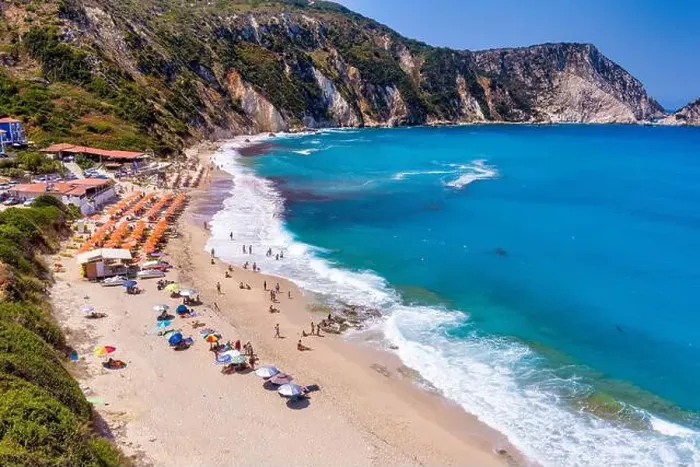 Framed Print : Petani Beach in Kefalonia features turquoise waters Framed Print : Petani Beach in Kefalonia features turquoise waters