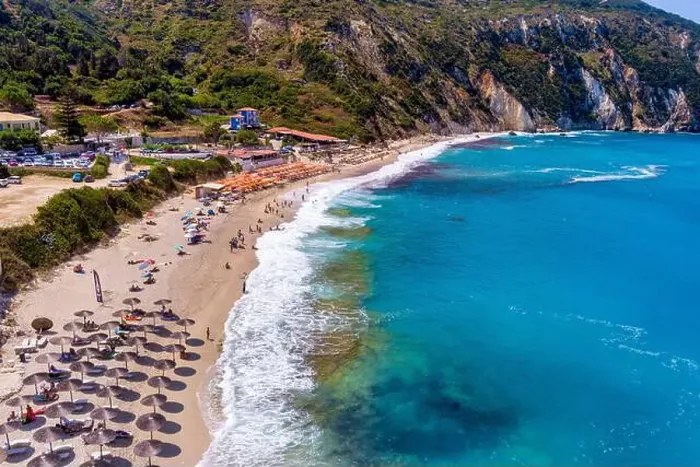 Framed Print : Petani Beach in Kefalonia features turquoise waters Framed Print : Petani Beach in Kefalonia features turquoise waters