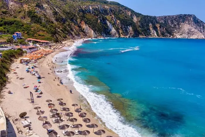 Framed Print : Petani Beach in Kefalonia features turquoise waters Framed Print : Petani Beach in Kefalonia features turquoise waters