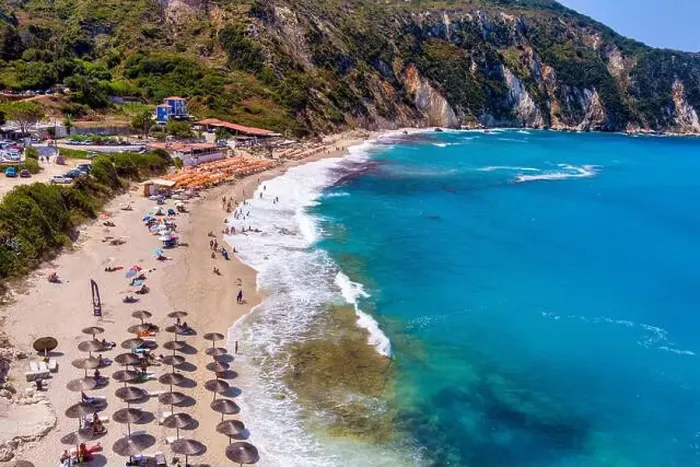 Framed Print : Petani Beach in Kefalonia features turquoise waters Framed Print : Petani Beach in Kefalonia features turquoise waters
