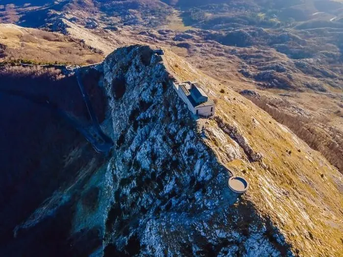 Framed Print : Petar II Petrovic-Njegos mausoleum on the top of mount Lovchen in Montenegro. Aerial view, drone