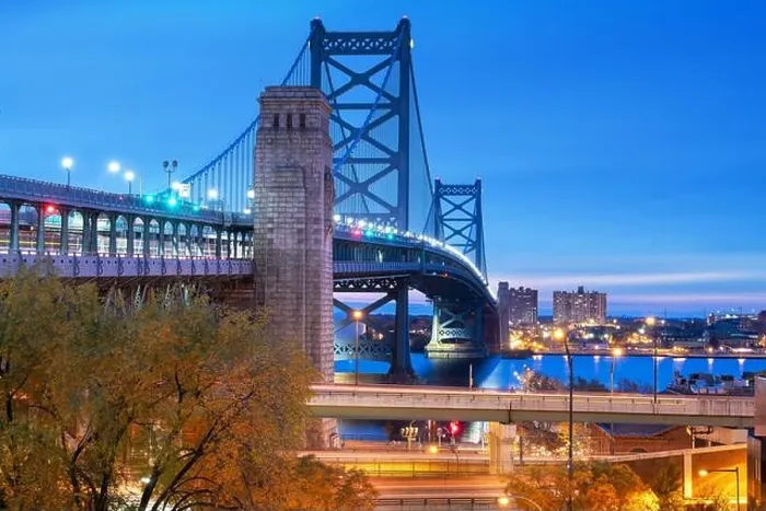 Framed Print : Philadelphia, Pennsylvania, USA at Benjamin Franklin Bridge spanning the Delaware River towards Camden, New Jersey Framed Print : Philadelphia, Pennsylvania, USA at Benjamin Franklin Bridge spanning the Delaware River towards Camden, New Jersey
