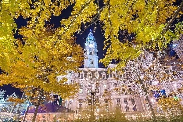 Philadelphia, Pennsylvania, USA at City Hall Tower during an autumn evening