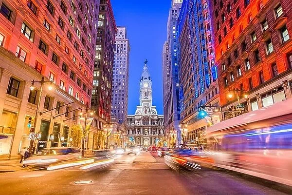 Philadelphia, Pennsylvania, USA cityscape on Broad Street with City Hall