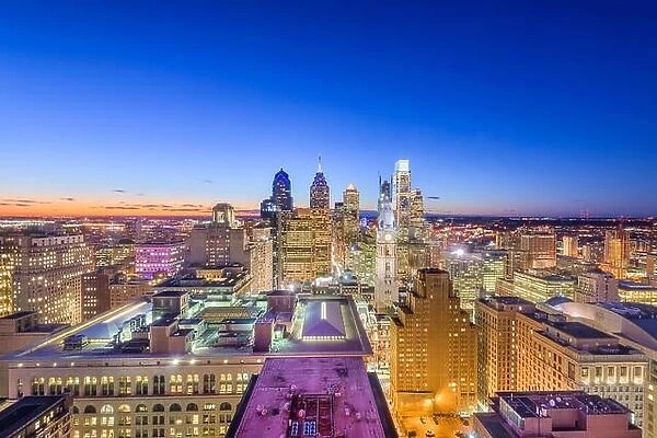 Philadelphia, Pennsylvania, USA downtown city skyline rooftop view at dusk
